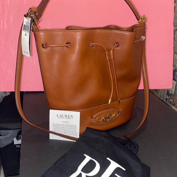 Women's Ralph Lauren Tan Brown Large Andie Leather Drawstring Shoulder Gift Bag - Picture 12 of 13